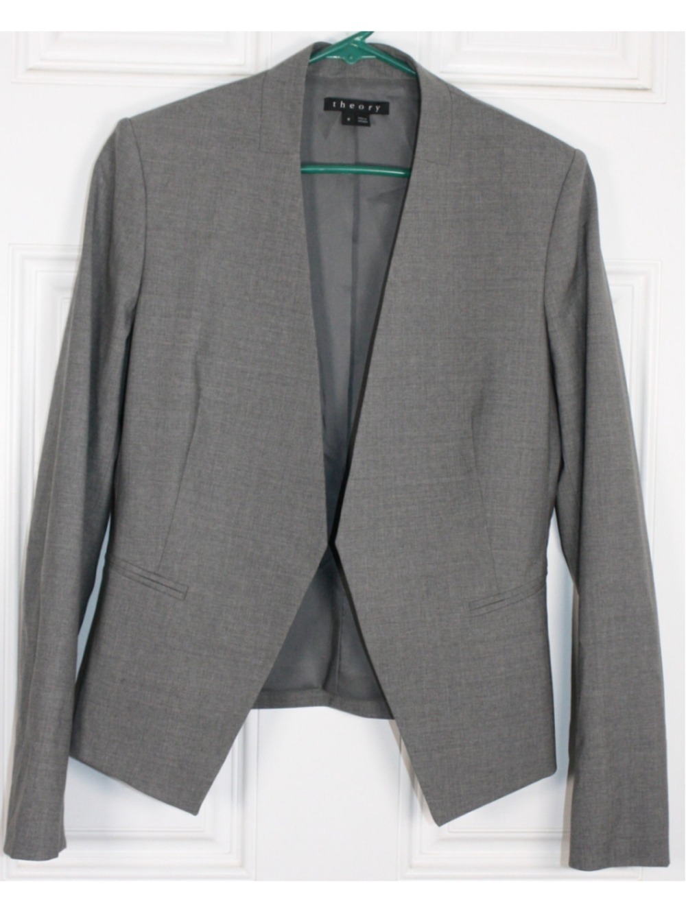 Theory Gray Lanai Open-Front Collarless Stretch Virgin Wool Blazer - Size 8